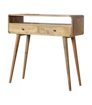 Artisan Furniture Solid Wood Curved Oak-ish Console Table, 2 Drawers, 1 Open Slot, Beige