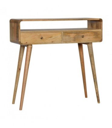 Artisan Furniture Solid Wood Curved Oak-ish Console Table, 2 Drawers, 1 Open Slot, Beige