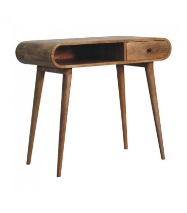 Artisan Furniture Solid Wood Curved Oak-ish Writing Desk, 1 Drawer & 1 Shelf, Beige