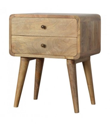 Artisan Furniture Solid Wood Curved Oak-ish Bedside, 2 Drawers, Brown Color
