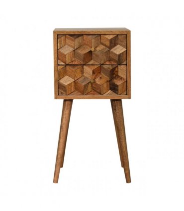 Artisan Furniture Solid Wood Mini Cube Carved 2 Drawer Bedside, Brown Color