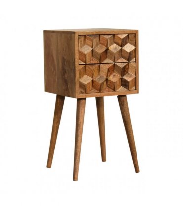 Artisan Furniture Solid Wood Mini Cube Carved 2 Drawer Bedside, Brown Color
