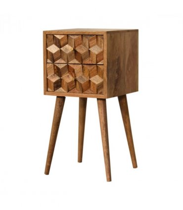 Artisan Furniture Solid Wood Mini Cube Carved 2 Drawer Bedside, Brown Color
