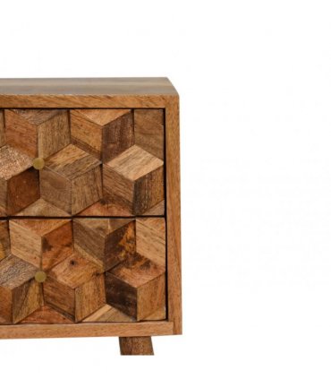 Artisan Furniture Solid Wood Mini Cube Carved 2 Drawer Bedside, Brown Color