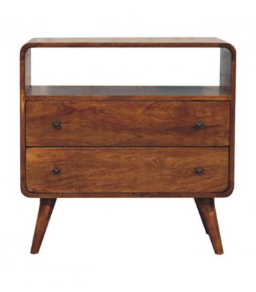 Artisan Furniture Solid Wood Curved Nordic Charm Chest, 2 Drawers, 1 Shelf, Dark Brown