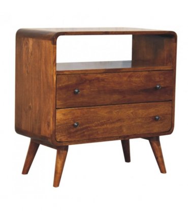Artisan Furniture Solid Wood Curved Nordic Charm Chest, 2 Drawers, 1 Shelf, Dark Brown