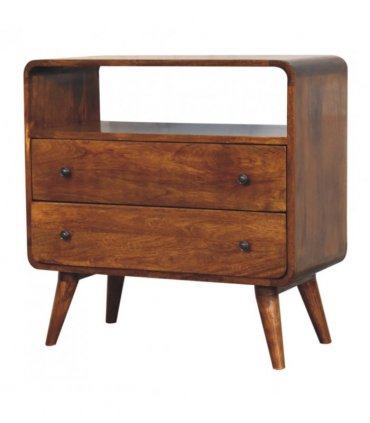Artisan Furniture Solid Wood Curved Nordic Charm Chest, 2 Drawers, 1 Shelf, Dark Brown