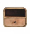Artisan Furniture Solid Wood Extra Mini Wall Mounted Curved Oak-ish Bedside with Open Slot, Brown, 1 Drawer, 1 Shelve