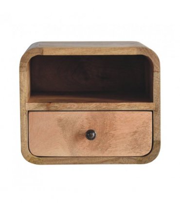 Artisan Furniture Solid Wood Extra Mini Wall Mounted Curved Oak-ish Bedside with Open Slot, Brown, 1 Drawer, 1 Shelve