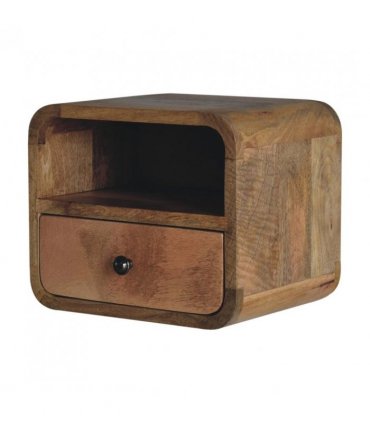 Artisan Furniture Solid Wood Extra Mini Wall Mounted Curved Oak-ish Bedside with Open Slot, Brown, 1 Drawer, 1 Shelve