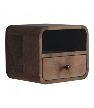 Artisan Furniture Solid Wood Extra Mini Wall Mounted Curved Oak-ish Bedside with Open Slot, Brown, 1 Drawer, 1 Shelve