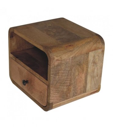 Artisan Furniture Solid Wood Extra Mini Wall Mounted Curved Oak-ish Bedside with Open Slot, Brown, 1 Drawer, 1 Shelve