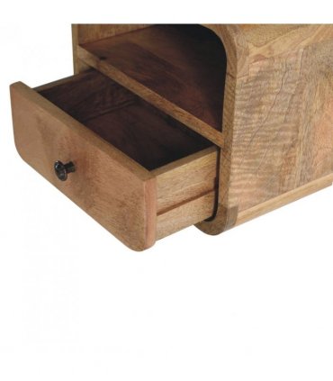 Artisan Furniture Solid Wood Extra Mini Wall Mounted Curved Oak-ish Bedside with Open Slot, Brown, 1 Drawer, 1 Shelve