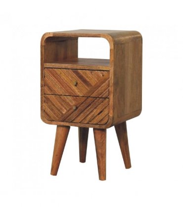 Artisan Furniture Solid Wood Mini Lille Curved Bedside, Brown, 2 Drawers, 1 Open Slot