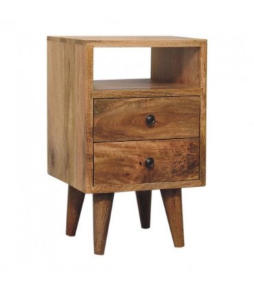 Artisan Furniture Solid Wood Mini Oak-ish Classic Open Bedside, Brown, 2 Drawers, 1 Open Slot