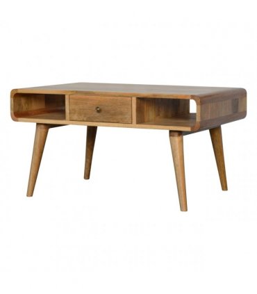 Artisan Furniture Solid Wood Curved Oak-ish Coffee Table, Beige, 2Drawers