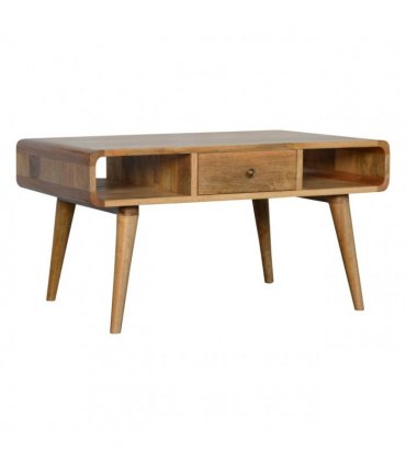 Artisan Furniture Solid Wood Curved Oak-ish Coffee Table, Beige, 2Drawers