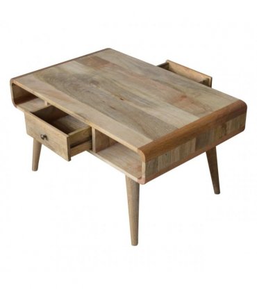 Artisan Furniture Solid Wood Curved Oak-ish Coffee Table, Beige, 2Drawers