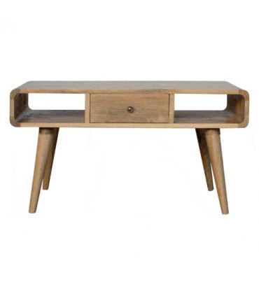 Artisan Furniture Solid Wood Curved Oak-ish Coffee Table, Beige, 2Drawers