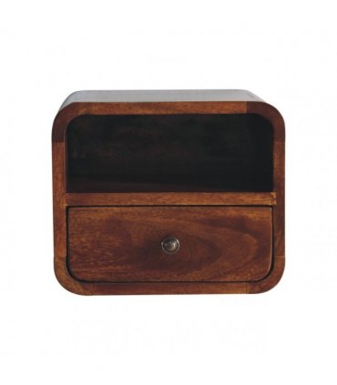 Artisan Furniture Solid Wood Extra Mini Wall Mounted Curved Chestnut Bedside with Open Slot, 1 Drawer, Dark Brown Color