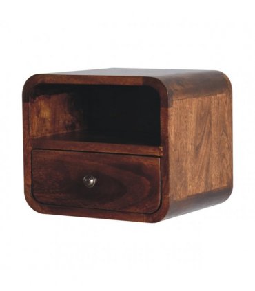 Artisan Furniture Solid Wood Extra Mini Wall Mounted Curved Chestnut Bedside with Open Slot, 1 Drawer, Dark Brown Color