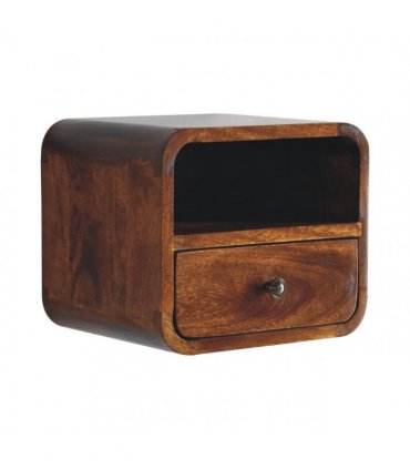 Artisan Furniture Solid Wood Extra Mini Wall Mounted Curved Chestnut Bedside with Open Slot, 1 Drawer, Dark Brown Color
