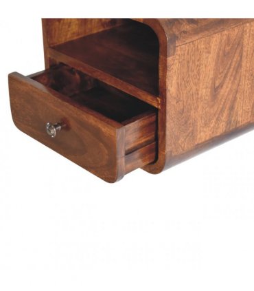 Artisan Furniture Solid Wood Extra Mini Wall Mounted Curved Chestnut Bedside with Open Slot, 1 Drawer, Dark Brown Color