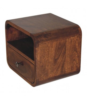 Artisan Furniture Solid Wood Extra Mini Wall Mounted Curved Chestnut Bedside with Open Slot, 1 Drawer, Dark Brown Color