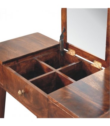 Artisan Furniture Solid Wood California Walnut Dressing Table with Foldable Mirror, 2 Drawers, 4 Slots with Mirror, Dark Brown