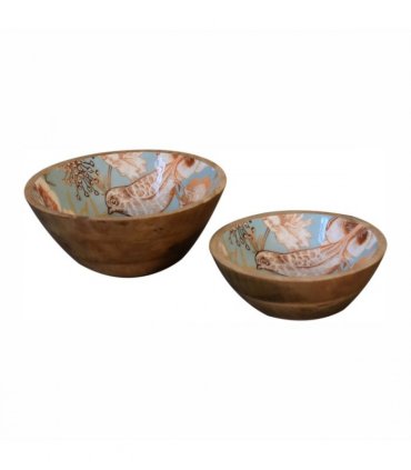 Artisan Furniture Solid Wood Floral Bird Bowl Set of 2, Beige