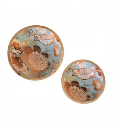 Artisan Furniture Solid Wood Floral Bird Bowl Set of 2, Beige