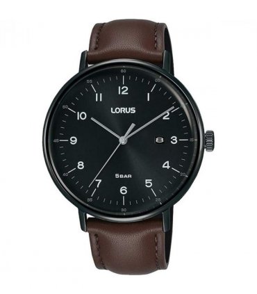 Lorus Mens Black Date Dial Brown Leather Strap Watch RH985MX9