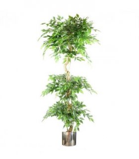 180cm Artificial Twisted Trunk Fruticosa Ficus Tree Triple Ball Topiary 1984 Leaves Silver Metal Planter