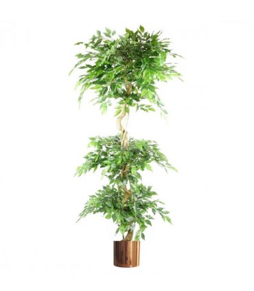 180cm Artificial Twisted Trunk Fruticosa Ficus Tree Triple Ball Topiary 1984 Leaves Copper Metal Planter