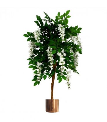 130cm Luxury Artificial Wisteria Tree White Flowers - Premium Range Copper Metal Planter