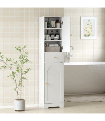 HOMCOM Tall Bathroom Storage Cabinet with Arch Doors Adjustable Shelf White