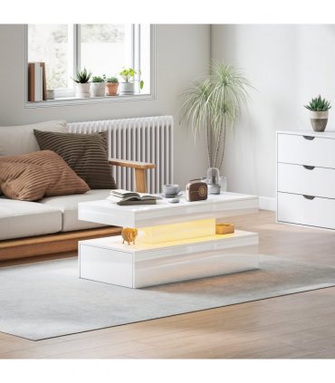 HOMCOM LED Coffee Table with Storage, High Gloss Living Room Table, White