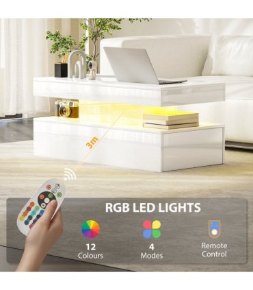 HOMCOM LED Coffee Table with Storage, High Gloss Living Room Table, White