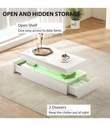 HOMCOM LED Coffee Table with Storage, High Gloss Living Room Table, White