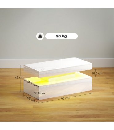 HOMCOM LED Coffee Table with Storage, High Gloss Living Room Table, White