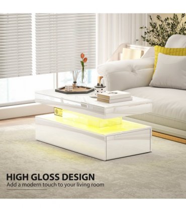 HOMCOM LED Coffee Table with Storage, High Gloss Living Room Table, White