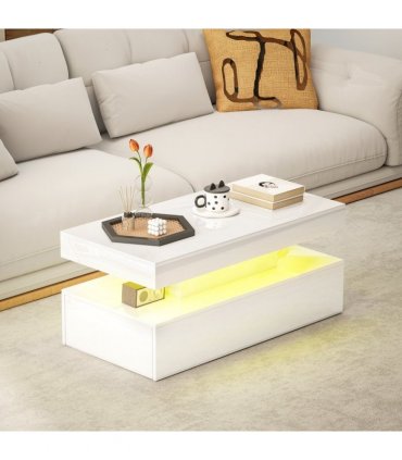HOMCOM LED Coffee Table with Storage, High Gloss Living Room Table, White