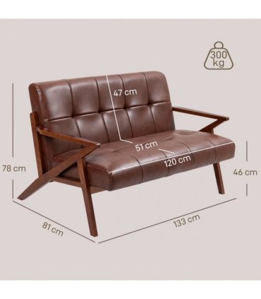 HOMCOM Compact Small Sofa with Solid Wood Frame, Vintage 2 Seater Sofa Brown
