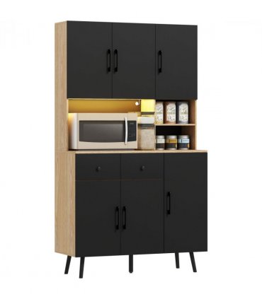 HOMCOM Tall Kitchen Cupboard with LED Lights and Adjustable Shelves, Oak