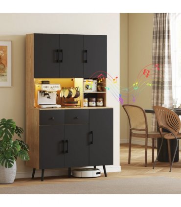 HOMCOM Tall Kitchen Cupboard with LED Lights and Adjustable Shelves, Oak