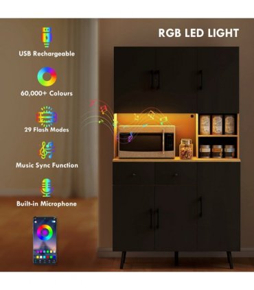 HOMCOM Tall Kitchen Cupboard with LED Lights and Adjustable Shelves, Oak
