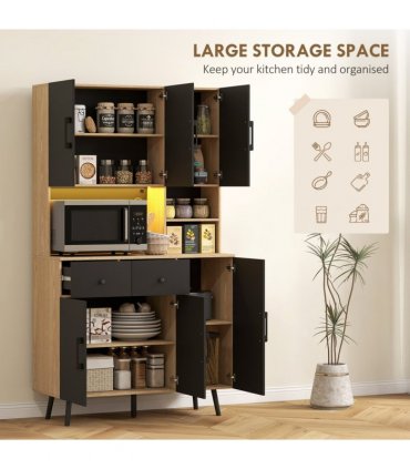 HOMCOM Tall Kitchen Cupboard with LED Lights and Adjustable Shelves, Oak