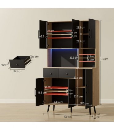 HOMCOM Tall Kitchen Cupboard with LED Lights and Adjustable Shelves, Oak