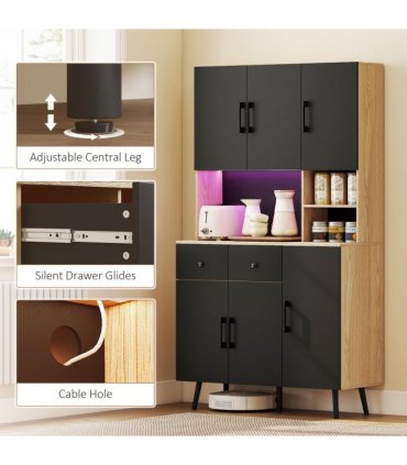 HOMCOM Tall Kitchen Cupboard with LED Lights and Adjustable Shelves, Oak