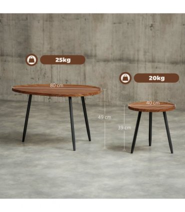 HOMCOM 2 80cm Sofa Side Table Set of 2 with Metal Legs, Chestnut Wood Effect